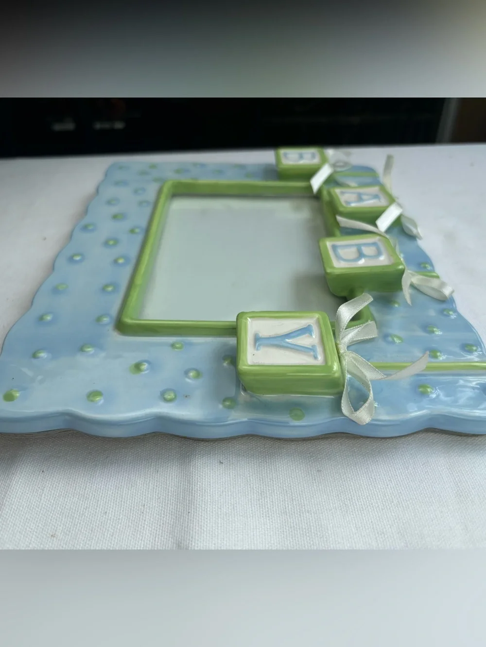 VTG Blue & Green Ceramic “BABY “ Block Picture Frame 3D Photo Frame 8 x 10 / 4x6